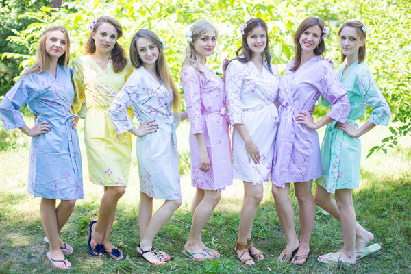 Mismatched Cherry Blossom Patterned Bridesmaids Robes in Soft Tones