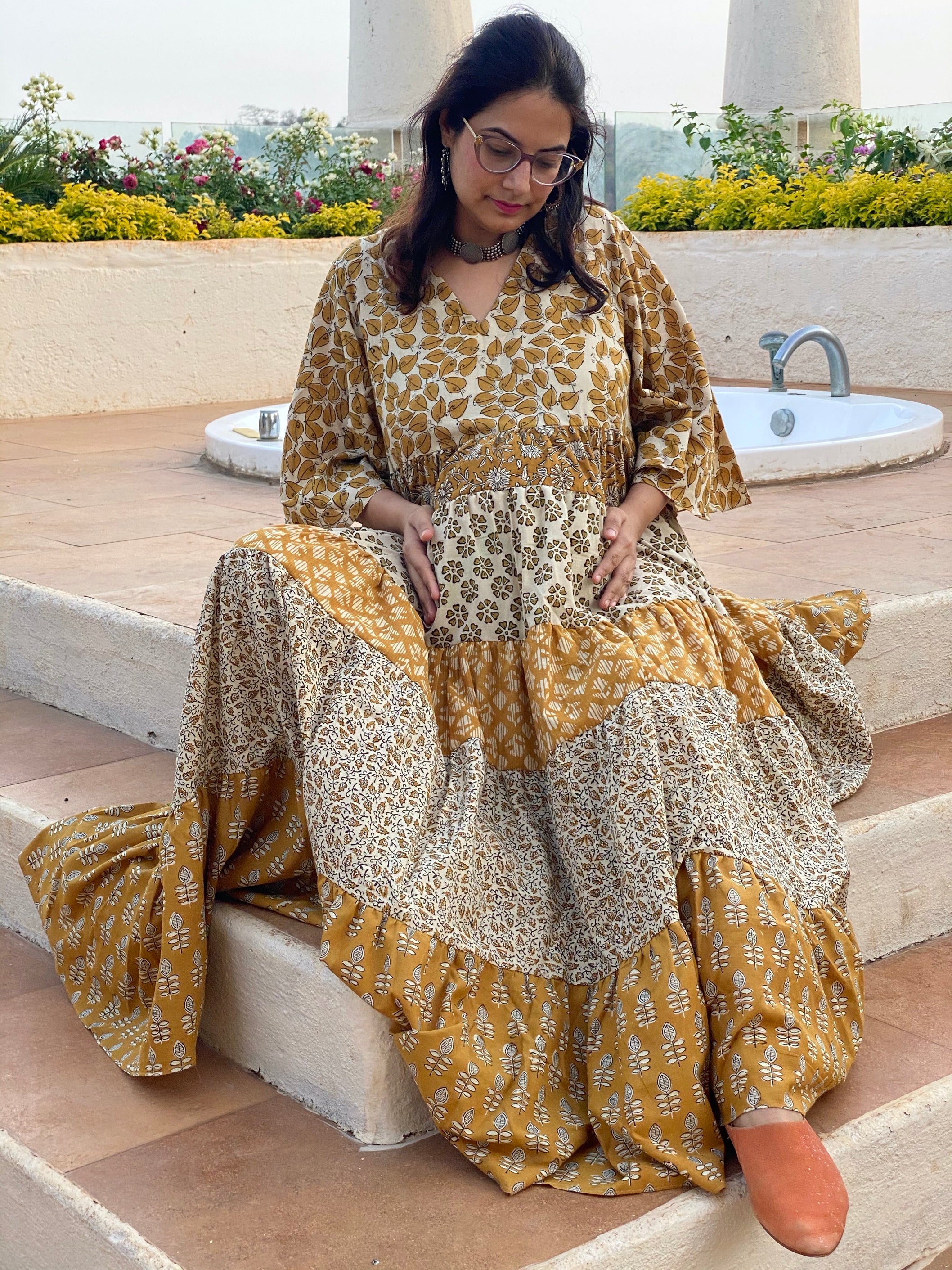 Mixed Patterns Gold and Ivory Hand-Block 5-Tier Maternity Dress Mixed Patterns Gold and Ivory Hand-Block 5-Tier Maternity Dress