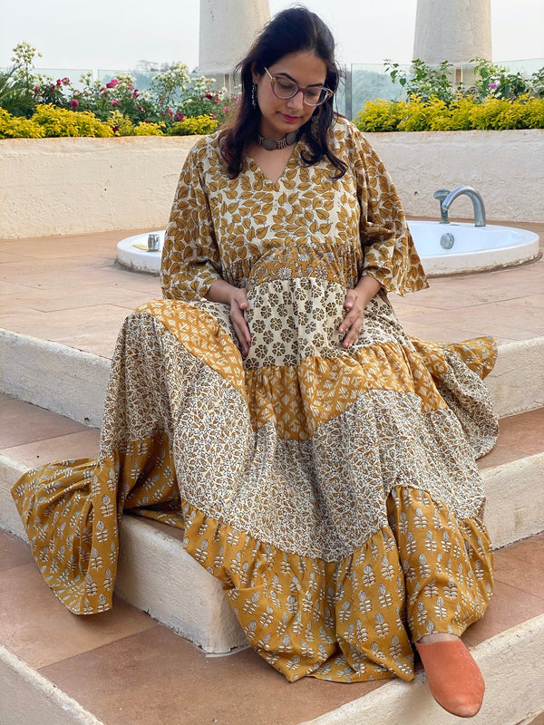 Mixed Patterns Gold and Ivory Hand-Block 5-Tier Maternity Dress