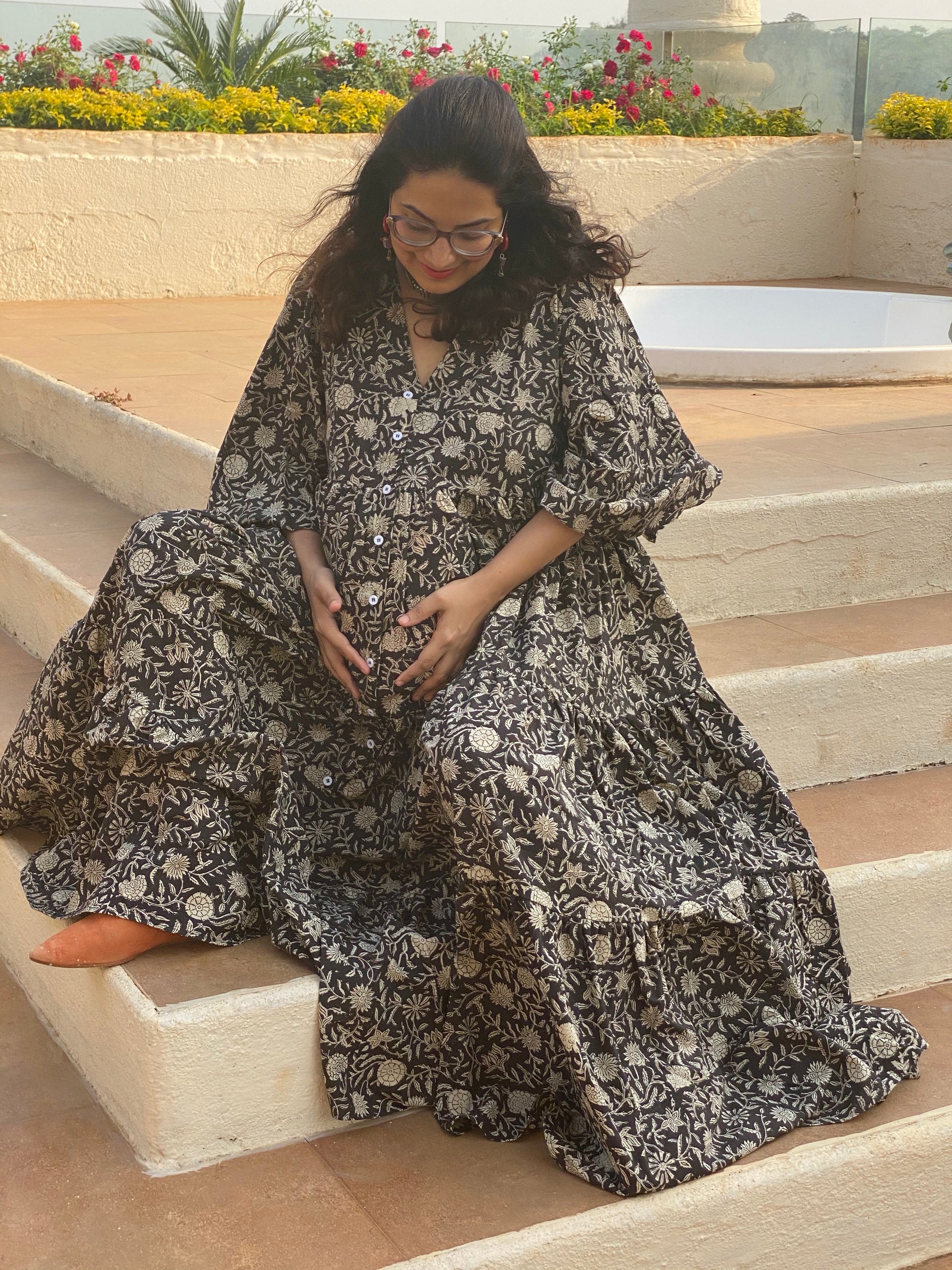 Black Floral Motif Hand-Block Tiered Maternity Dress | Laughing Cherries Black Floral Motif Hand-Block Tiered Maternity Dress | Laughing Cherries