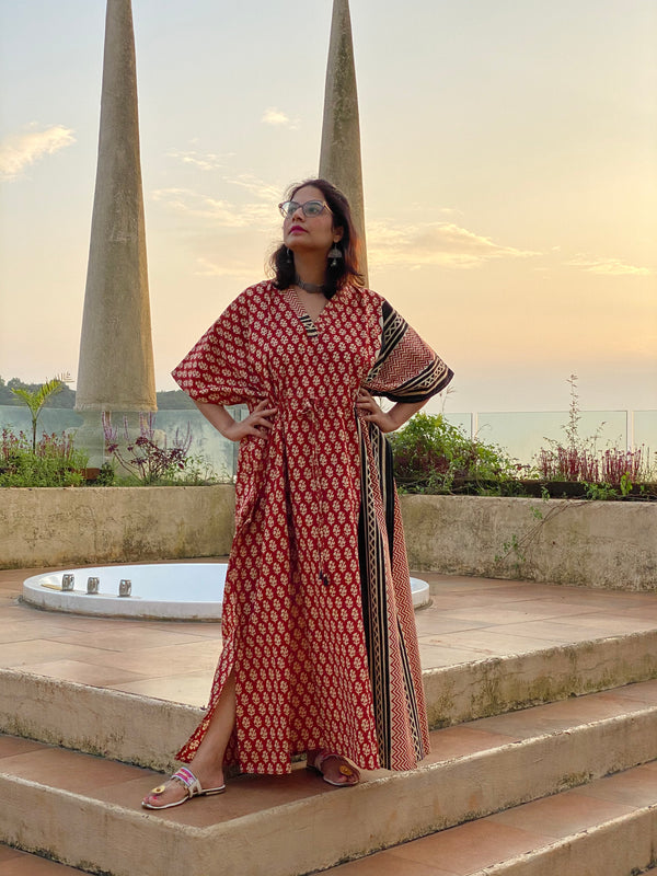 Red Black Bordered Hand Block Printed Caftan with V-Neck, Cinched Waist and Available in both Knee and Ankle Length