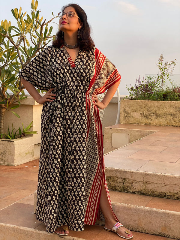 Black Red Bordered Hand Block Printed Caftan with V-Neck, Cinched Waist and Available in both Knee and Ankle Length