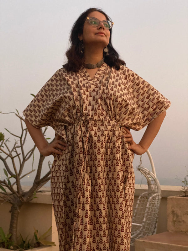 Cream Red Tiny Tree Motif Hand Block Printed Caftan with V-Neck, Cinched Waist and Available in both Knee and Ankle Length