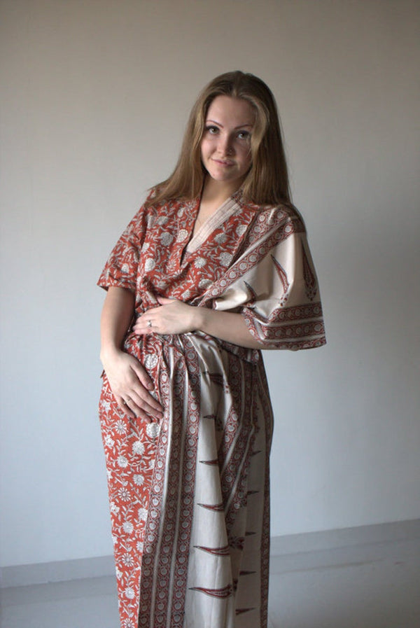 Red Floral Bordered Organic Cotton Hand-Blocked Front Buttoned Hospital Gown