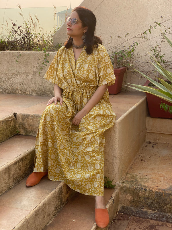 Mustard Lotus Motif Hand Block Printed Caftan with V-Neck, Cinched Waist and Available in both Knee and Ankle Length