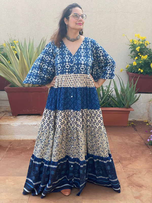 Indigo Blue and Ivory Mix 5 Tiered Dress in Hand-Block Print
