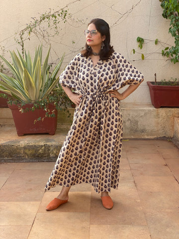 Ivory Blue Paisley Motif Hand Block Printed Caftan with V-Neck, Cinched Waist and Available in both Knee and Ankle Length