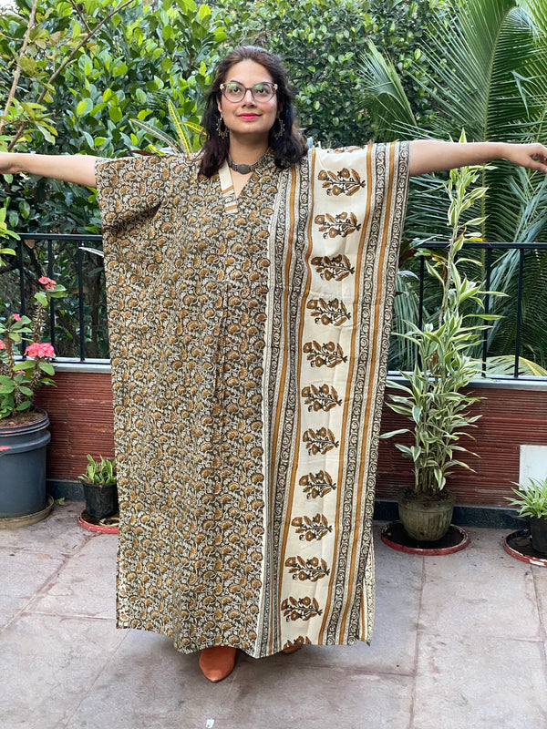 Olive Green Bordered Hand Block Printed Caftan with V-Neck, Cinched Waist and Available in both Knee and Ankle Length