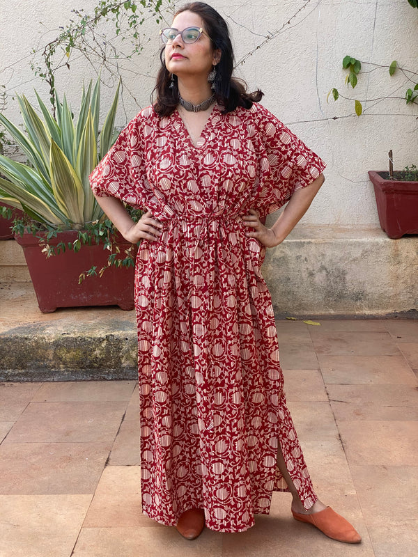 Red Lotus Motif Hand Block Printed Caftan with V-Neck, Cinched Waist and Available in both Knee and Ankle Length