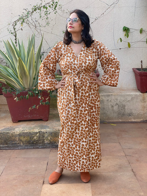 Mustard Leafy Motif Hand-Block Printed Kimono Robe | Available in both Knee and Ankle Length