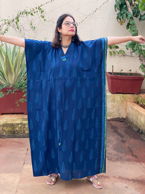 Blue Leafy Bordered Hand Block Printed Caftan with V-Neck, Cinched Waist and Available in both Knee and Ankle Length