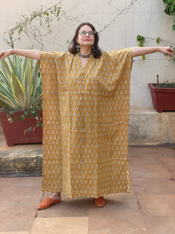 Mustard leafy Motif Hand-Blocked Caftan with V-Neck, Cinched Waist and Available in both Knee and Ankle Length