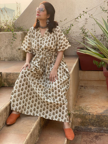 Ivory Mustard Paisley Motif Hand Block Printed Caftan with V-Neck, Cinched Waist and Available in both Knee and Ankle Length