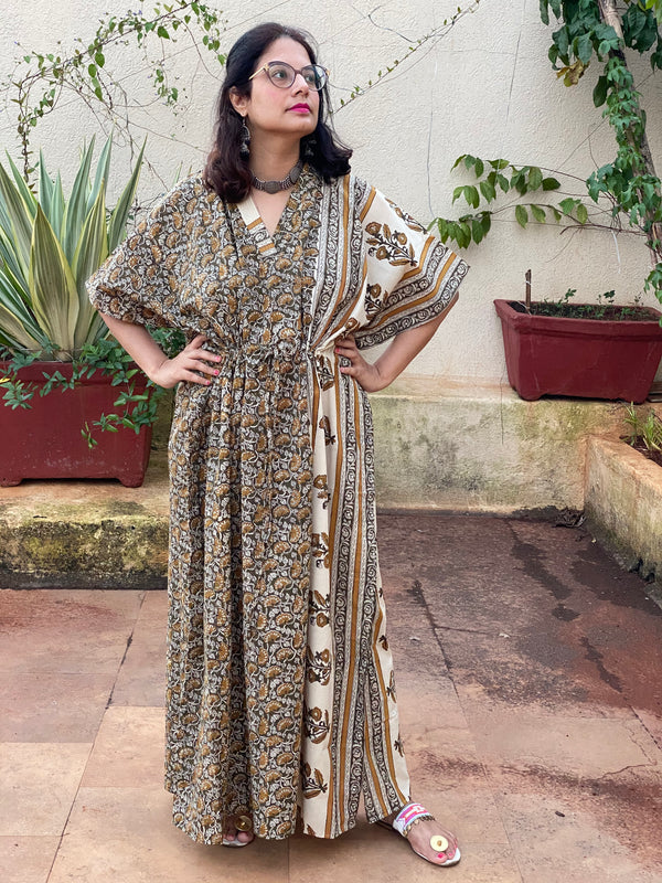 Green Ivory Floral Bordered Hand Block Printed Caftan with V-Neck, Cinched Waist and Available in both Knee and Ankle Length