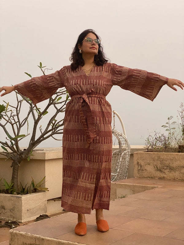 Red Geometric Motif Hand-Block Printed Kimono Robe | Available in both Knee and Ankle Length