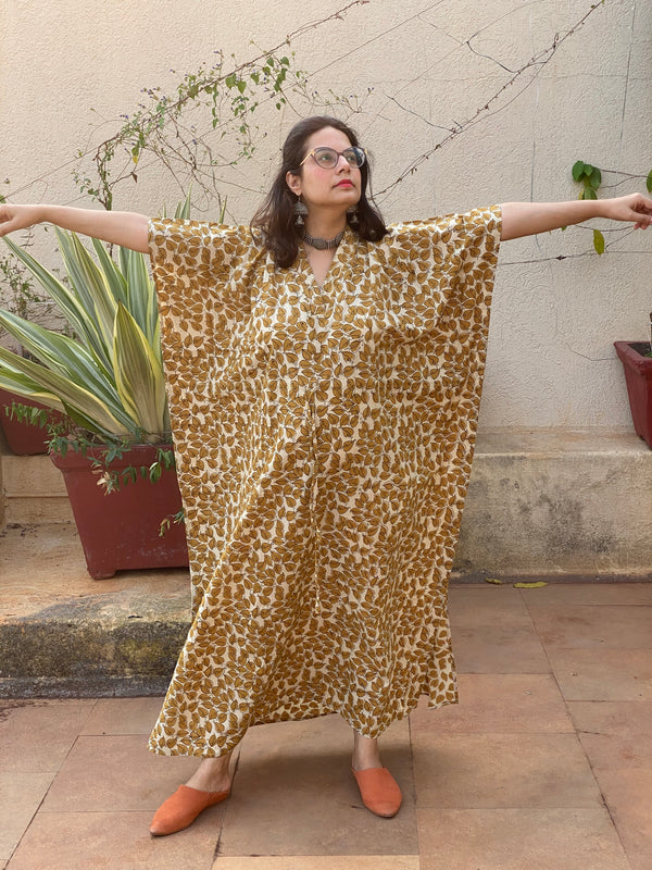 Cream Mustard Leafy Motif Hand-Blocked Kaftan with V-Neck, Cinched Waist and Available in both Knee and Ankle Length