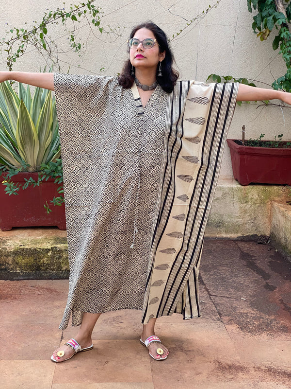 Ivory Black Leafy Bordered Hand Block Printed Caftan with V-Neck, Cinched Waist and Available in both Knee and Ankle Length