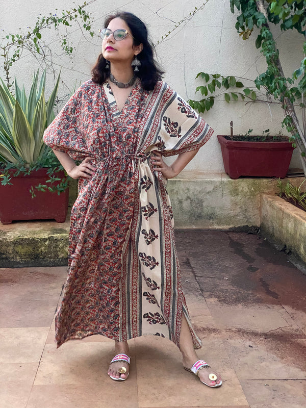 Red Floral Bordered Hand Block Printed Caftan with V-Neck, Cinched Waist and Available in both Knee and Ankle Length