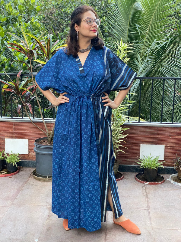 Indigo Blue leafy Bordered Hand Block Printed Caftan with V-Neck, Cinched Waist and Available in both Knee and Ankle Length