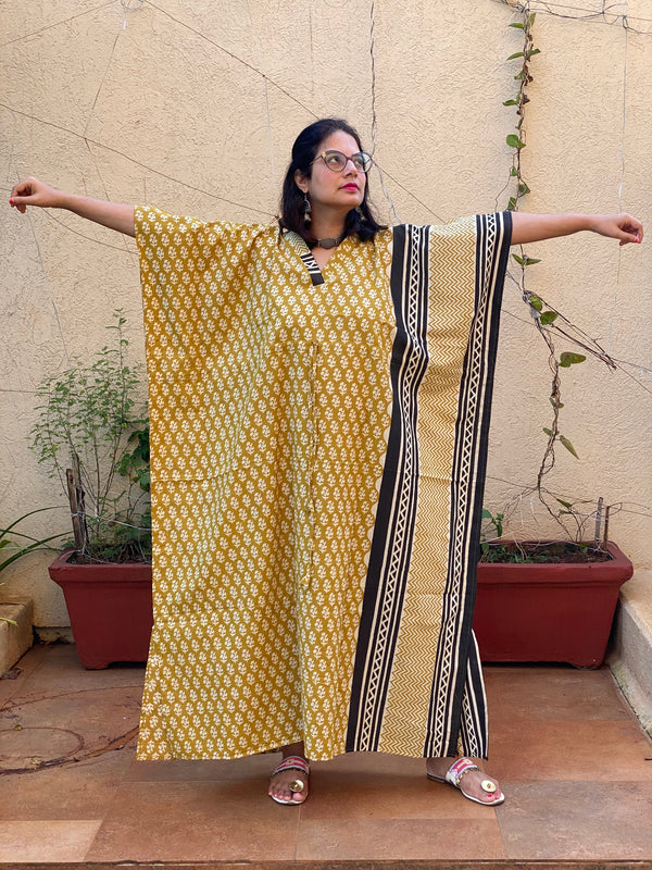 Mustard Black Bordered Hand Block Printed Caftan with V-Neck, Cinched Waist and Available in both Knee and Ankle Length
