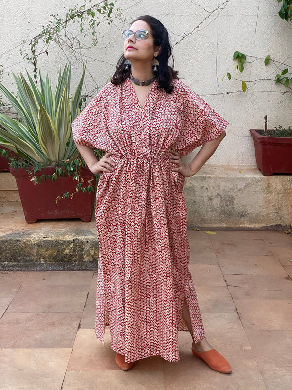 Red Triangle Motif Bordered Hand Block Printed Caftan with V-Neck, Cinched Waist and Available in both Knee and Ankle Length