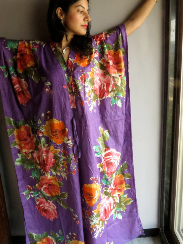Purple Multicolor Big Flower V-Neck Button Down to Waist, Ankle Length, Cinched Waist Caftan-D7 fabric Code