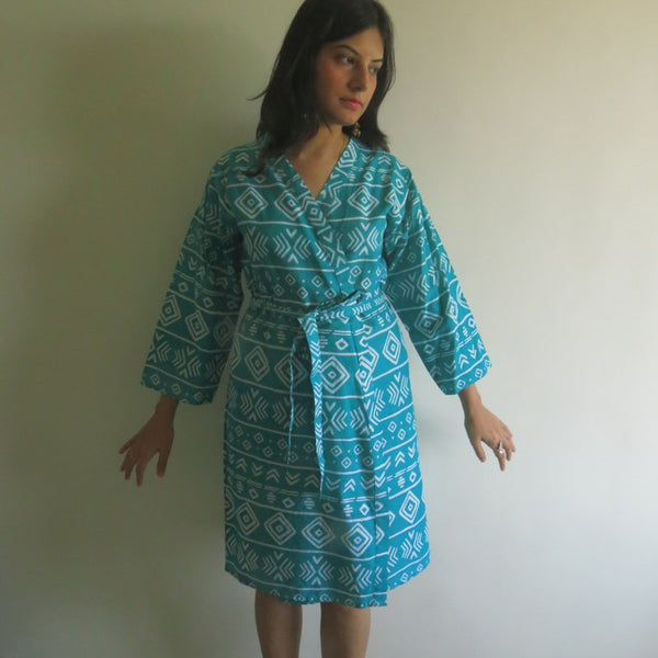 Teal Aztec Knee Length, Kimono Crossover Belted Robe
