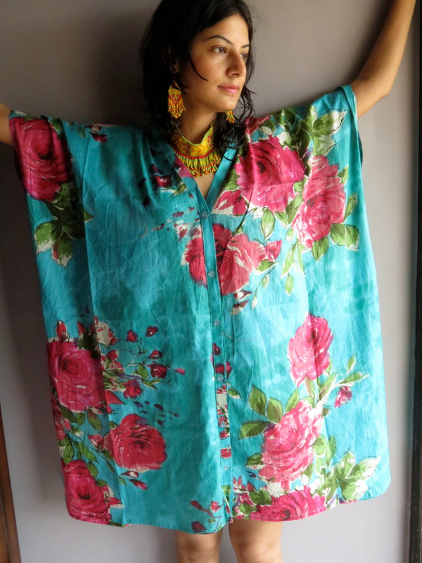 Teal Fuchsia Flowers V-Neck Full Button Down, Knee Length, Belted Caftan-E7 fabric Code