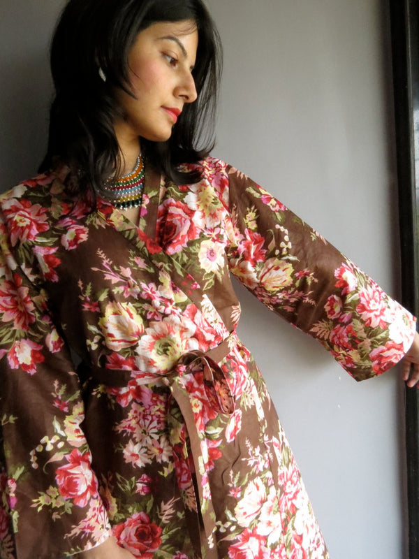 Brown Floral Ankle Length, Kimono Crossover Belted Robe-A2 fabric Code