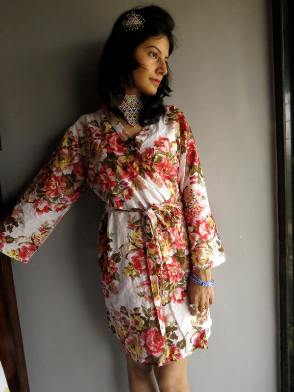 White Floral Knee Length, Kimono Crossover Belted Robe-A9 fabric Code