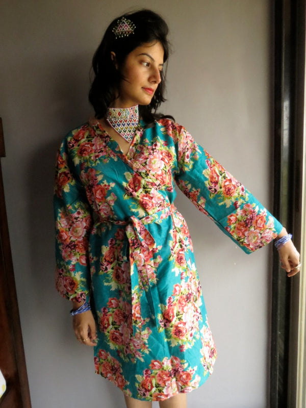 Teal Floral Knee Length, Kimono Crossover Belted Robe-C2 fabric Code