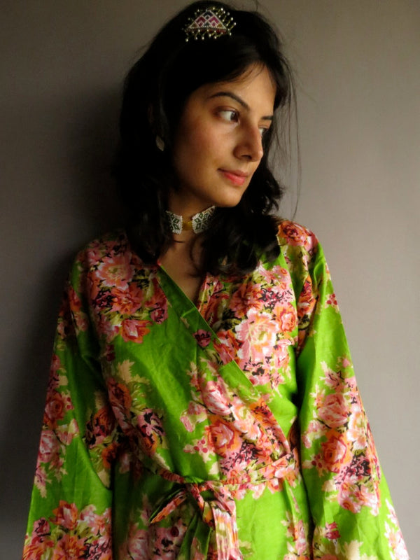 Green Floral Knee Length, Kimono Crossover Belted Robe-C10 fabric Code