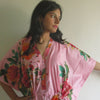 Pink Large Floral Blossom V-Neck Button Down to Waist, Ankle Length, Cinched Waist Caftan