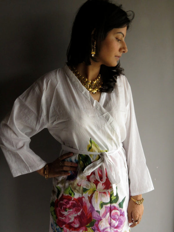 White Single Flower Knee Length, Kimono Crossover Belted Robe