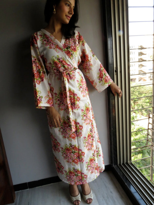 White Floral Ankle Length, Kimono Crossover Belted Robe-C7 fabric Code