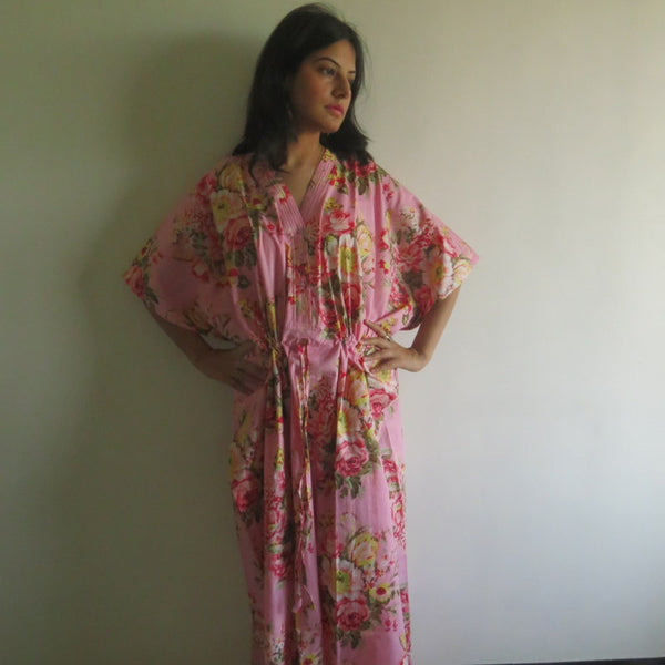 Pink Floral Rosy Red Posy V-Neck Button Down to Waist, Ankle Length, Cinched Waist Caftan