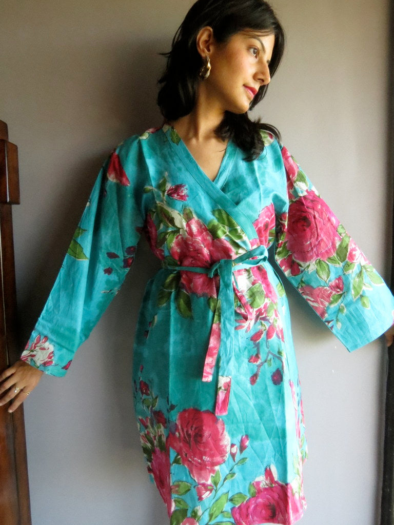 Teal Floral Knee Length, Kimono Crossover Belted Robe-E7 fabric Code Teal Floral Knee Length, Kimono Crossover Belted Robe-E7 fabric Code