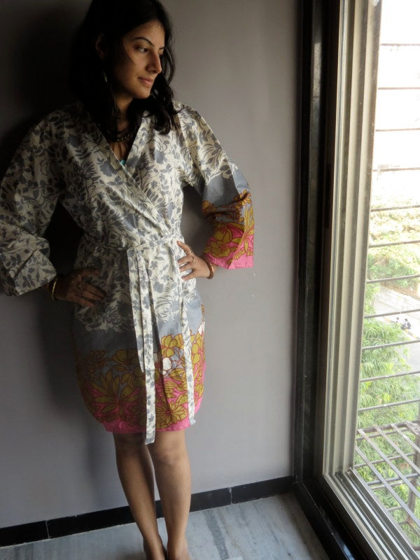 Gray Pink Leafy Knee Length, Kimono Crossover Belted Robe