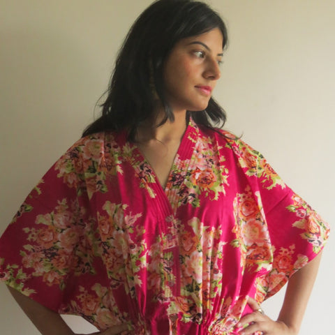 Magenta Floral Posy V-Neck Button Down to Waist, Ankle Length, Cinched Waist Caftan