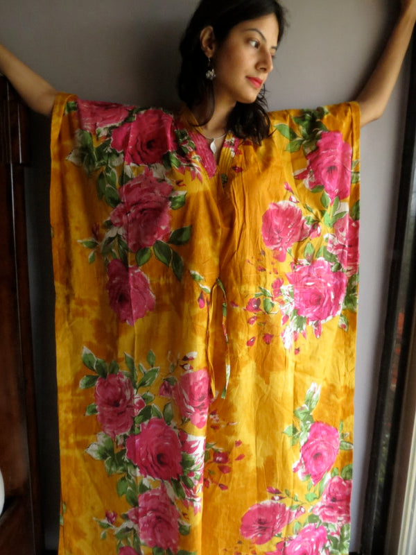 Yellow Fuchsia Large Floral Blossom V-Neck, Ankle Length, Cinched Waist Caftan