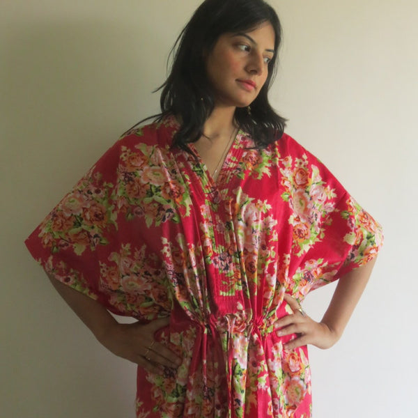 Red Floral Posy V-Neck Button Down to Waist, Ankle Length, Cinched Waist Caftan