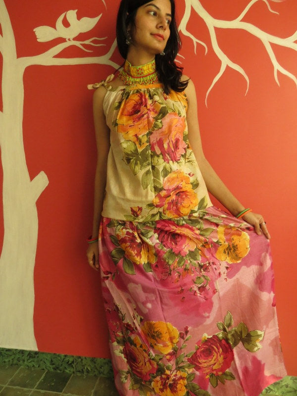Pink Floral A-line Drawstring Skirt