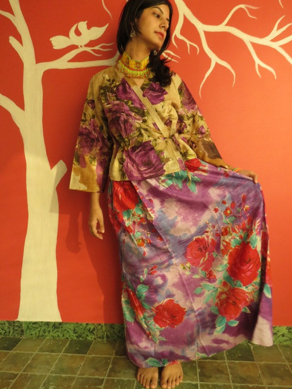 Purple Floral A-line Drawstring Skirt