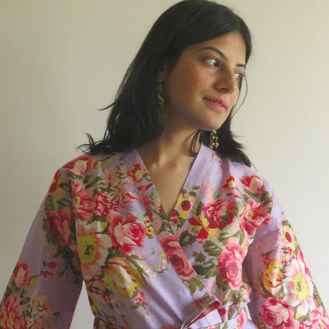 Lilac Floral Knee Length, Kimono Crossover Belted Robe
