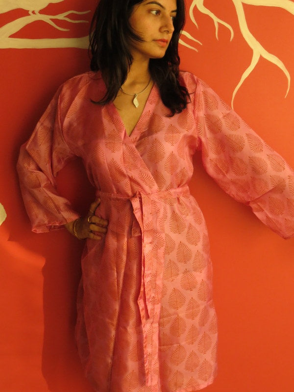 Silk Raspberry Leafy Knee Length, Kimono Crossover Belted Robe