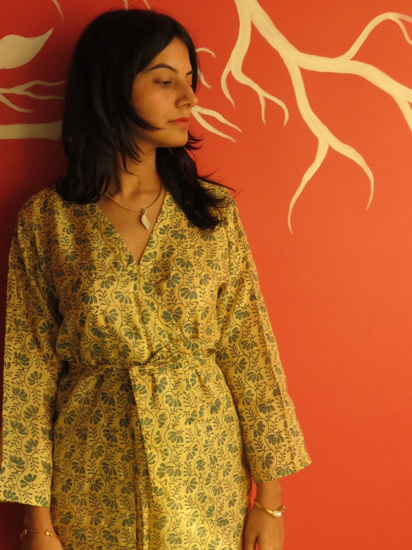 Silk Yellow Leafy Knee Length, Kimono Crossover Belted Robe