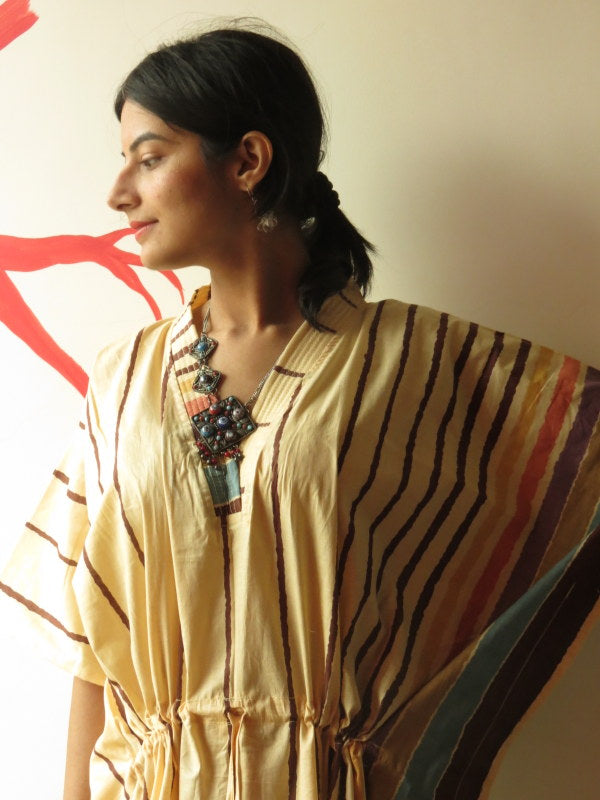 Yellow Striped V-Neck, Ankle Length, Cinched Waist Caftan