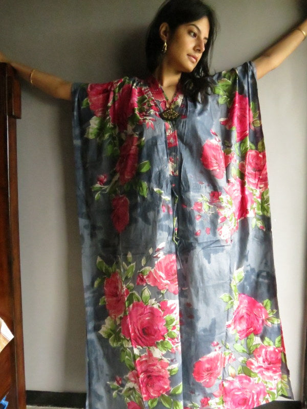 Gray Fuchsia Large Floral Blossom V-Neck Button Down to Waist, Ankle Length, Cinched Waist Caftan