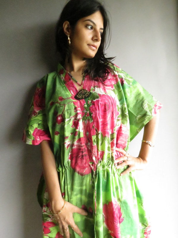 Green Fuchsia Large Floral Blossom V-Neck Button Down to Waist, Ankle Length, Cinched Waist Caftan