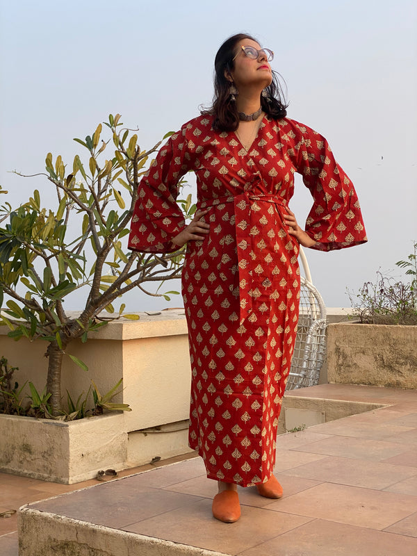 Red Leafy Motif Hand Block Printed Kimono Robe | Available in both Knee and Ankle Length